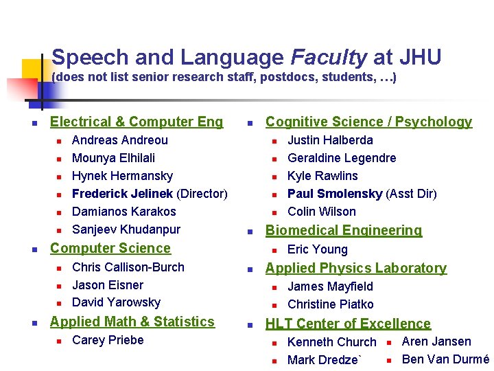 Speech and Language Faculty at JHU (does not list senior research staff, postdocs, students,