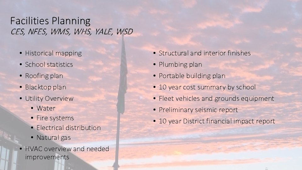 Facilities Planning CES, NFES, WMS, WHS, YALE, WSD Historical mapping School statistics Roofing plan
