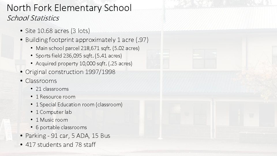 North Fork Elementary School Statistics • Site 10. 68 acres (3 lots) • Building