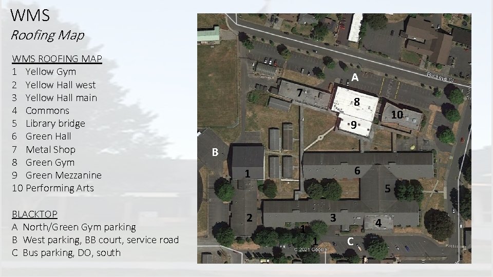 WMS Roofing Map WMS ROOFING MAP 1 Yellow Gym 2 Yellow Hall west 3