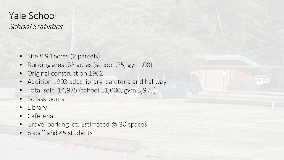 Yale School Statistics • • • Site 8. 94 acres (2 parcels) Building area.