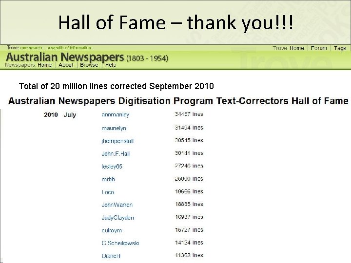 Hall of Fame – thank you!!! Total of 20 million lines corrected September 2010