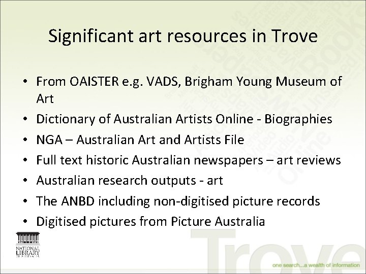 Significant art resources in Trove • From OAISTER e. g. VADS, Brigham Young Museum