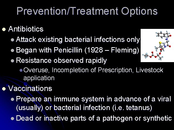 Prevention/Treatment Options l Antibiotics l Attack existing bacterial infections only l Began with Penicillin