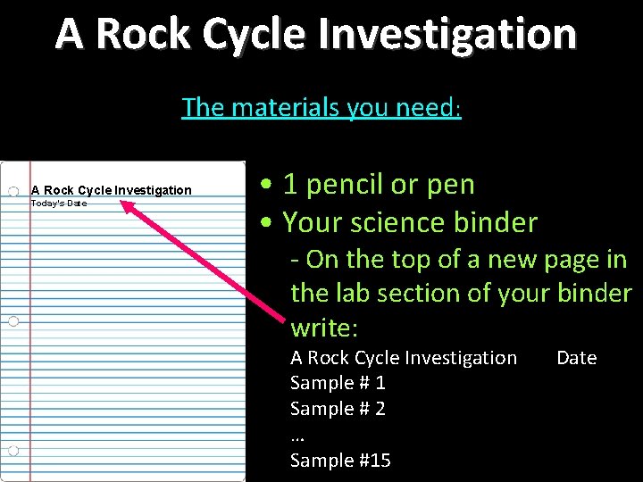 A Rock Cycle Investigation The materials you need: A Rock Cycle Investigation Today’s Date A Rock Cycle Investigation The materials you need: A Rock Cycle Investigation Today’s Date