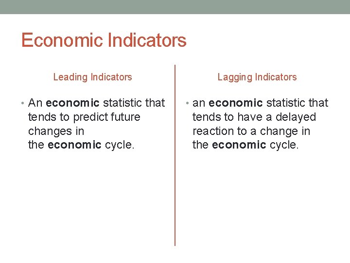 Economic Indicators Leading Indicators Lagging Indicators • An economic statistic that • an economic