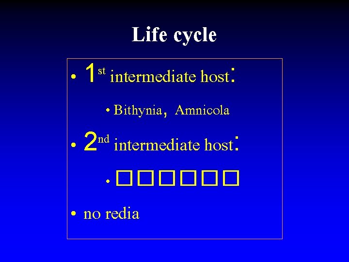 Life cycle • st 1 intermediate host: • Bithynia, Amnicola • nd 2 intermediate