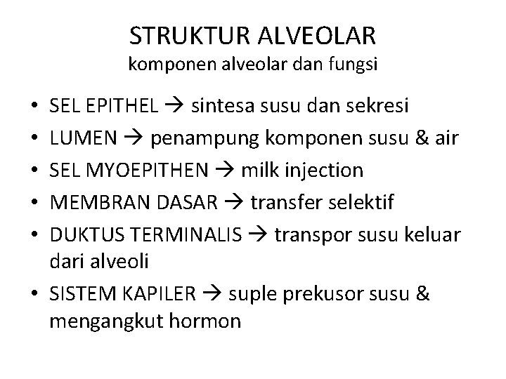 STRUKTUR ALVEOLAR komponen alveolar dan fungsi SEL EPITHEL sintesa susu dan sekresi LUMEN penampung