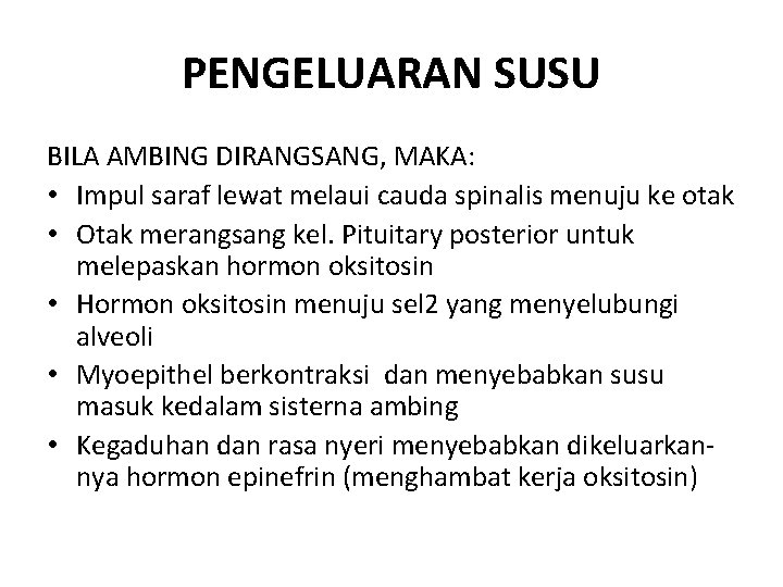 PENGELUARAN SUSU BILA AMBING DIRANGSANG, MAKA: • Impul saraf lewat melaui cauda spinalis menuju