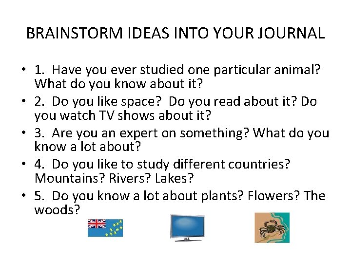 BRAINSTORM IDEAS INTO YOUR JOURNAL • 1. Have you ever studied one particular animal?