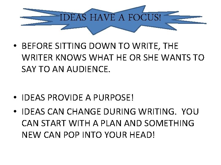 IDEAS HAVE A FOCUS! • BEFORE SITTING DOWN TO WRITE, THE WRITER KNOWS WHAT
