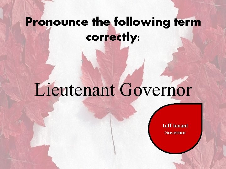 Pronounce the following term correctly: Lieutenant Governor Leff-tenant Governor 