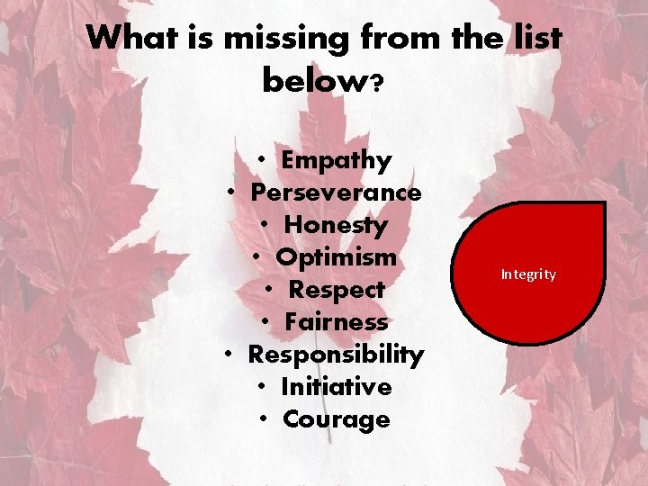 What is missing from the list below? • Empathy • Perseverance • Honesty •