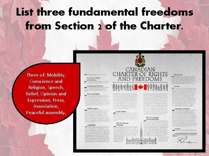 List three fundamental freedoms from Section 2 of the Charter. Three of: Mobility, Conscience