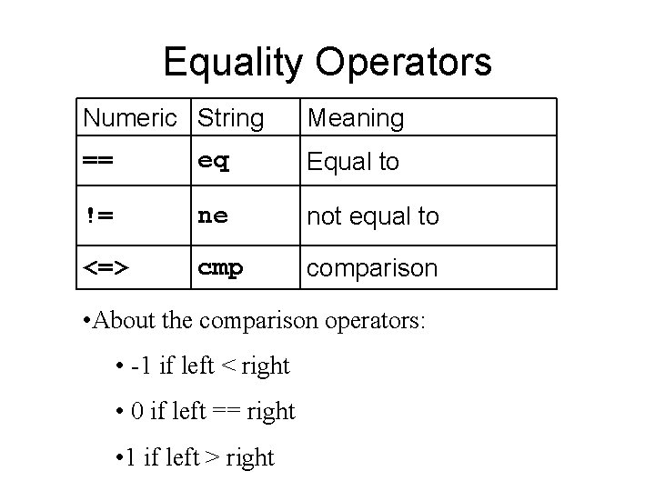 Equality Operators Numeric String Meaning == eq Equal to != ne not equal to