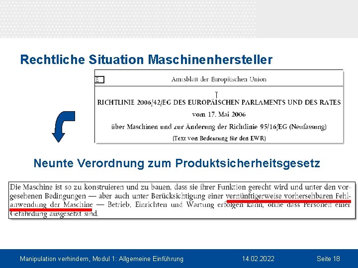 Rechtliche Situation Maschinenhersteller Neunte Verordnung zum Produktsicherheitsgesetz Manipulation verhindern, Modul 1: Allgemeine Einführung 14.