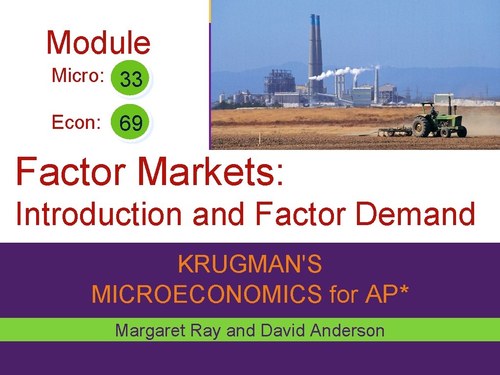 Module Micro: 33 Econ: 69 Factor Markets: Introduction and Factor Demand KRUGMAN'S MICROECONOMICS for