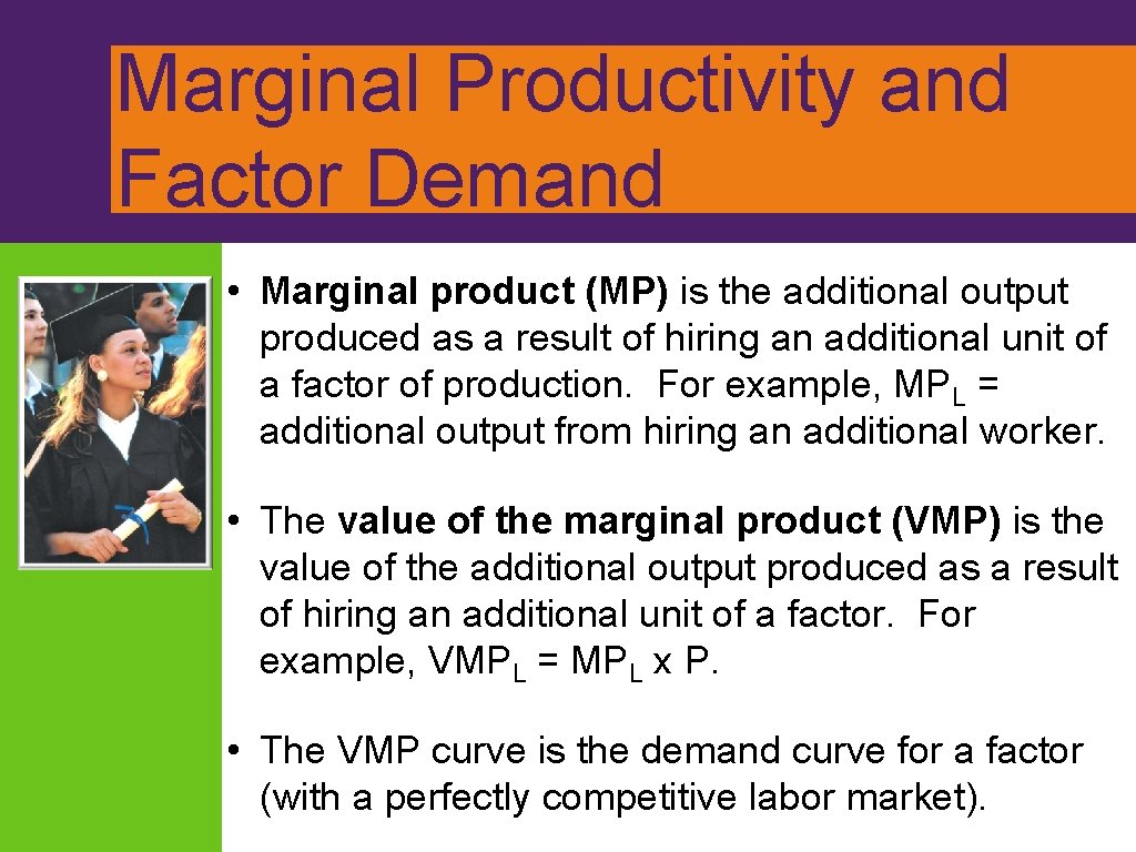 Marginal Productivity and Factor Demand • Marginal product (MP) is the additional output produced