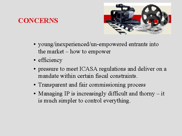 CONCERNS • young/inexperienced/un-empowered entrants into the market – how to empower • efficiency •