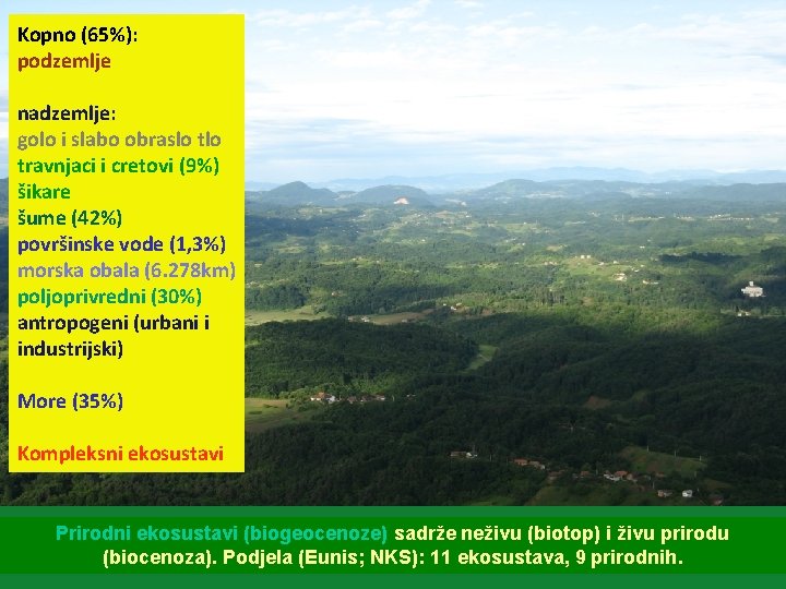 Kopno (65%): podzemlje nadzemlje: golo i slabo obraslo travnjaci i cretovi (9%) šikare šume