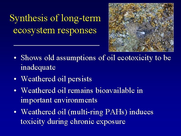 Synthesis of long-term ecosystem responses • Shows old assumptions of oil ecotoxicity to be