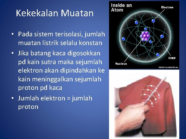 Kekekalan Muatan • Pada sistem terisolasi, jumlah muatan listrik selalu konstan • Jika batang