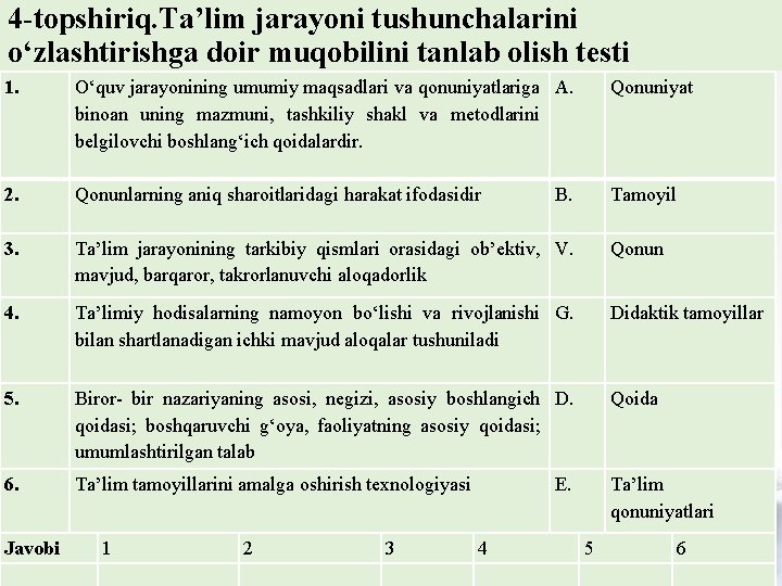 4 -topshiriq. Ta’lim jarayoni tushunchalarini o‘zlashtirishga doir muqobilini tanlab olish testi 1. O‘quv jarayonining