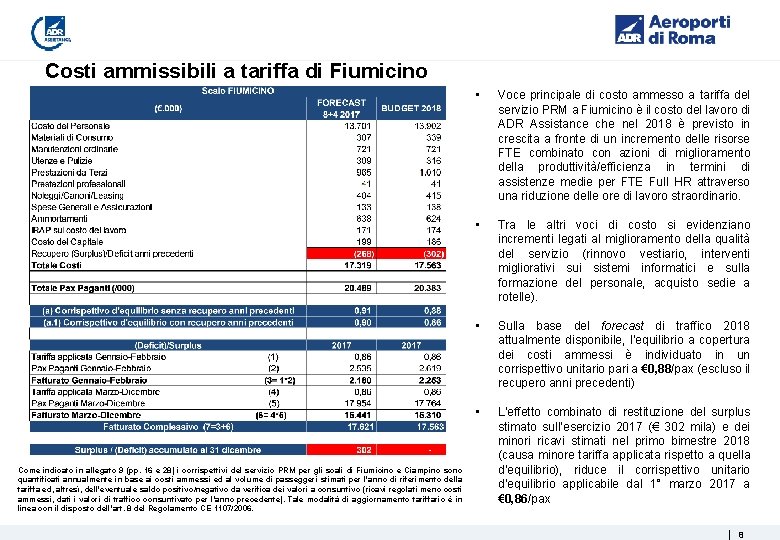 Costi ammissibili a tariffa di Fiumicino Come indicato in allegato 9 (pp. 16 e