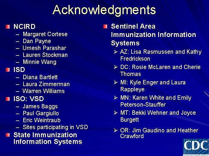 Acknowledgments NCIRD – – – Margaret Cortese Dan Payne Umesh Parashar Lauren Stockman Minnie