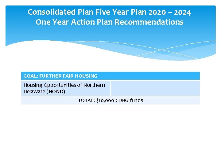 Consolidated Plan Five Year Plan 2020 – 2024 One Year Action Plan Recommendations GOAL: