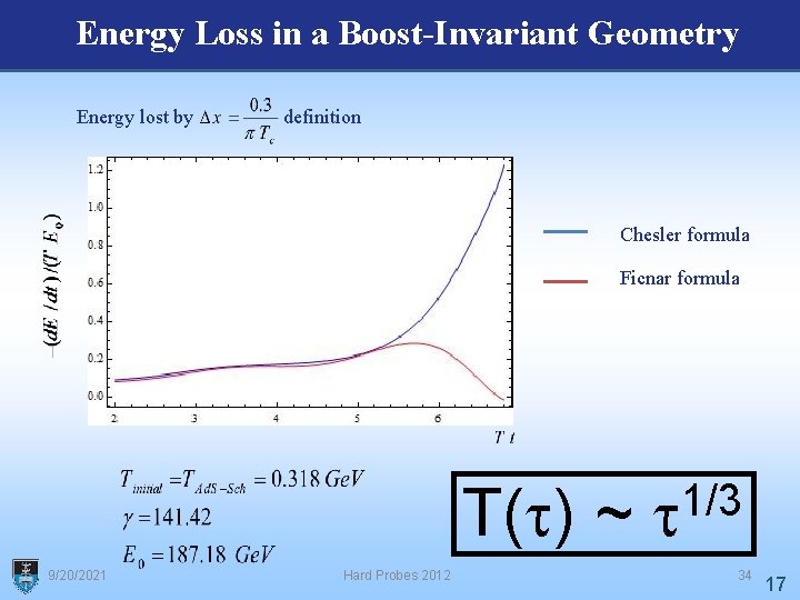 Energy Loss in a Boost-Invariant Geometry Energy lost by definition Chesler formula Ficnar formula
