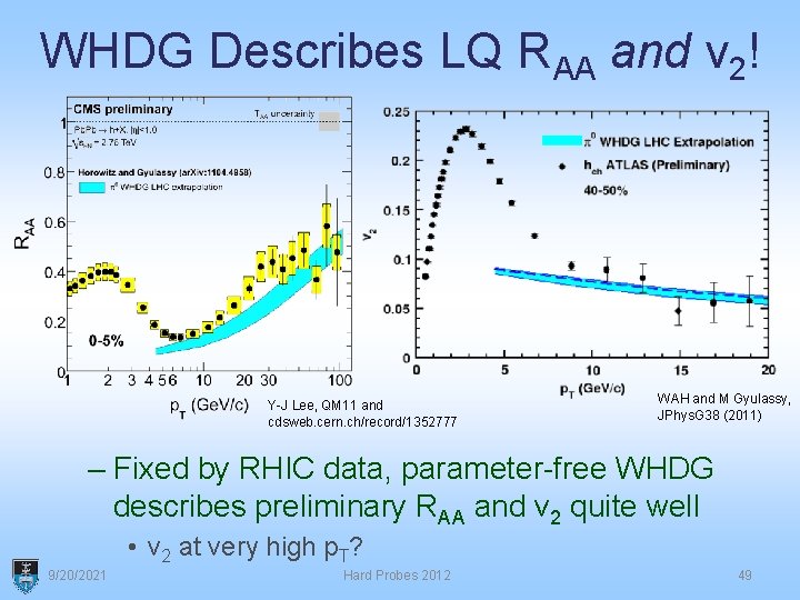 WHDG Describes LQ RAA and v 2! Y-J Lee, QM 11 and cdsweb. cern.