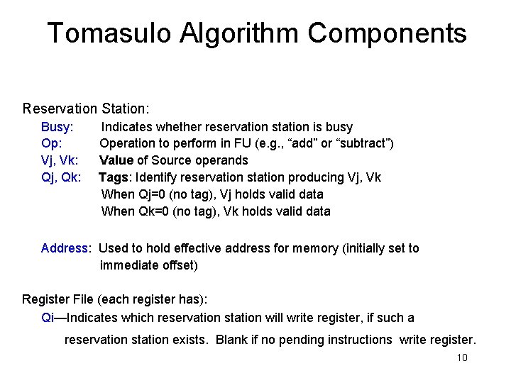 Tomasulo Algorithm Components Reservation Station: Busy: Op: Vj, Vk: Qj, Qk: Indicates whether reservation