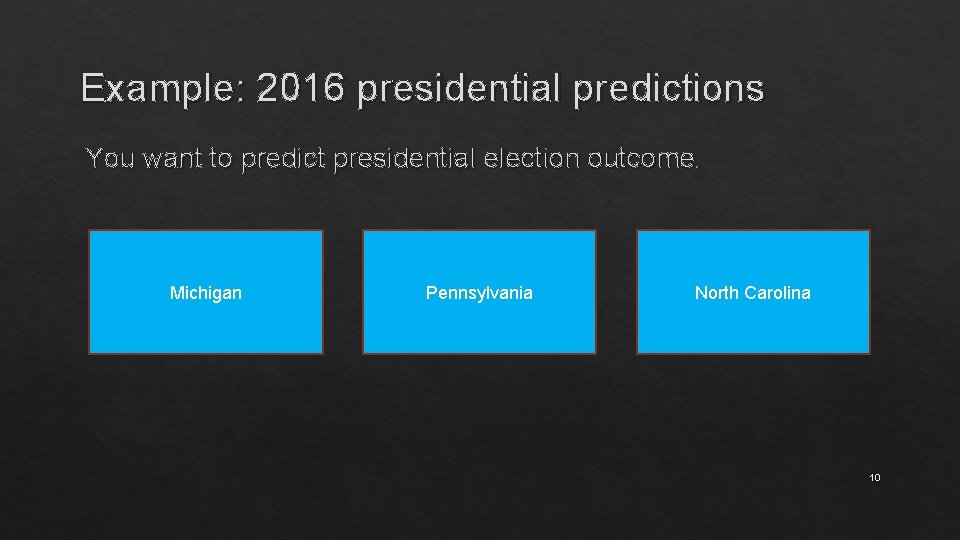 Example: 2016 presidential predictions You want to predict presidential election outcome. Michigan Pennsylvania North