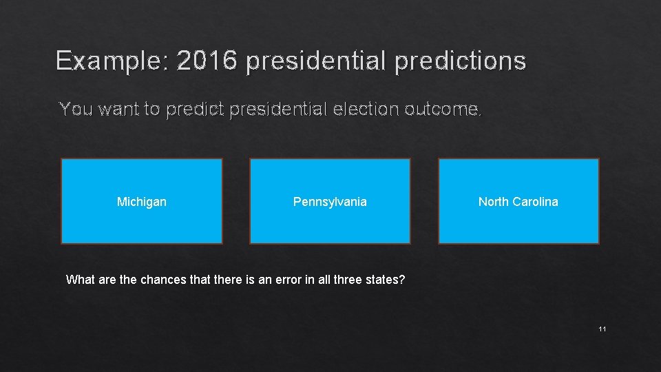Example: 2016 presidential predictions You want to predict presidential election outcome. Michigan Pennsylvania North