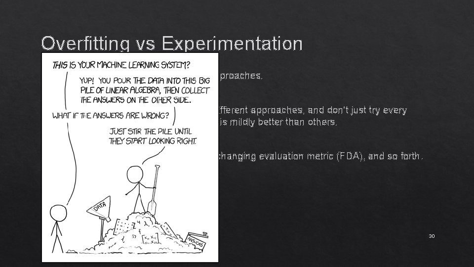 Overfitting vs Experimentation Generally, it’s desirable to try different approaches. Try to be mindful