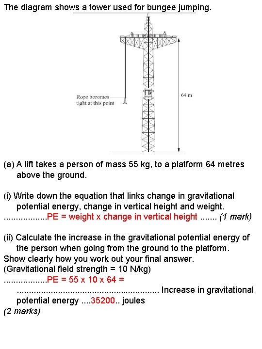 The diagram shows a tower used for bungee jumping. (a) A lift takes a