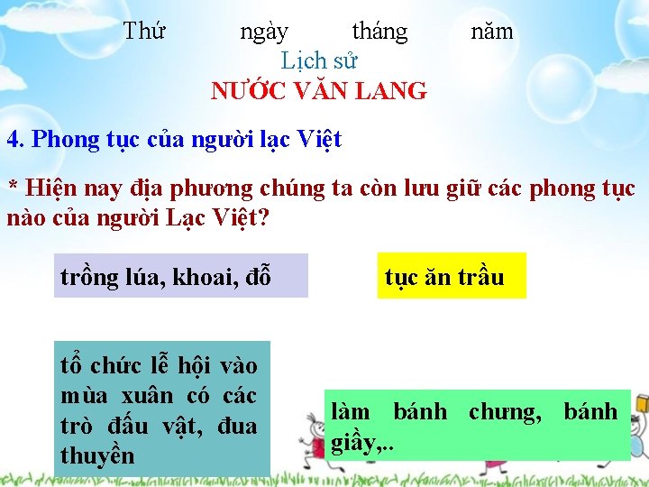 Thứ ngày tháng Lịch sử NƯỚC VĂN LANG năm 4. Phong tục của người