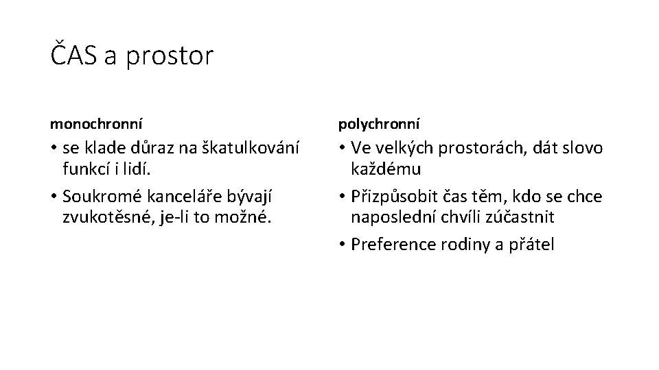 ČAS a prostor monochronní polychronní • se klade důraz na škatulkování funkcí i lidí.