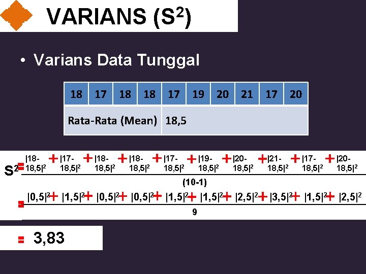 VARIANS (S 2) • Varians Data Tunggal 18 17 18 18 17 19 20