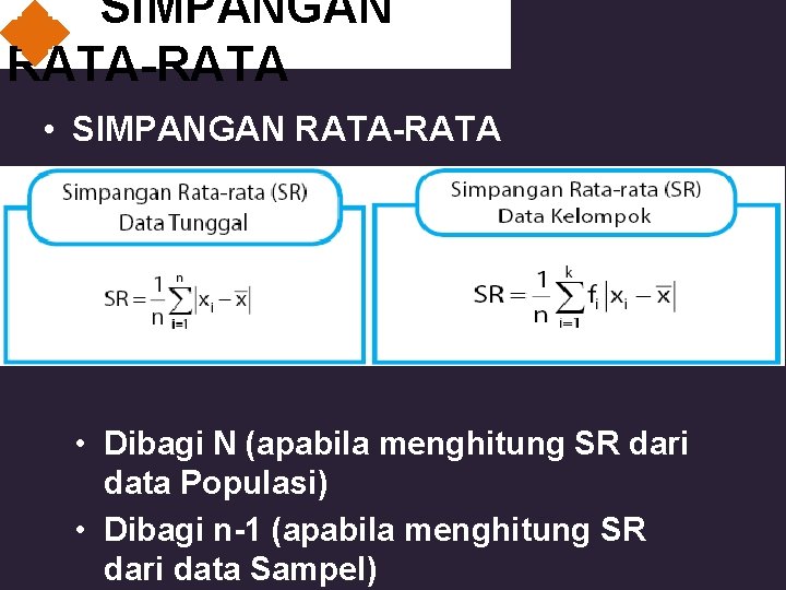 SIMPANGAN RATA-RATA • SIMPANGAN RATA-RATA • Dibagi N (apabila menghitung SR dari data Populasi)