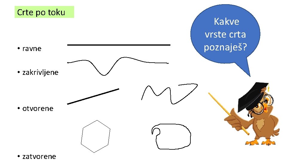 Crte po toku • ravne • zakrivljene • otvorene • zatvorene Kakve vrste crta