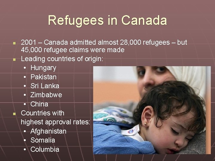 Refugees in Canada n n n 2001 – Canada admitted almost 28, 000 refugees