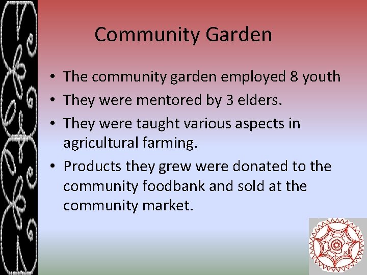 Community Garden • The community garden employed 8 youth • They were mentored by