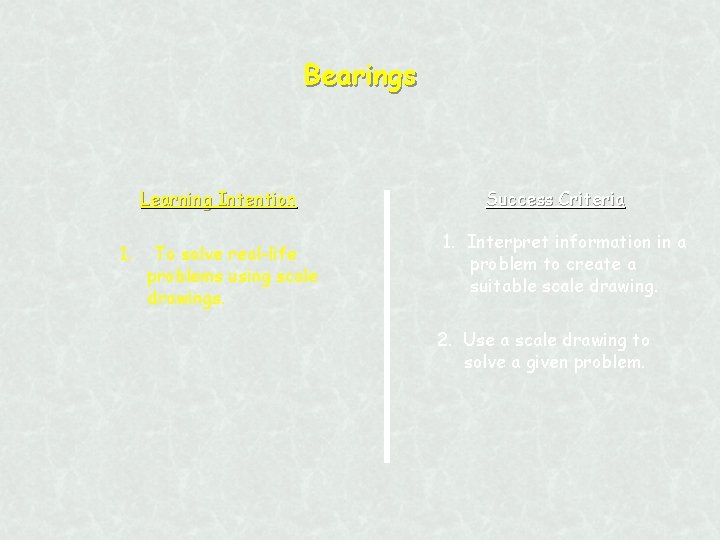 Bearings Learning Intention 1. To solve real-life problems using scale drawings. Success Criteria 1.