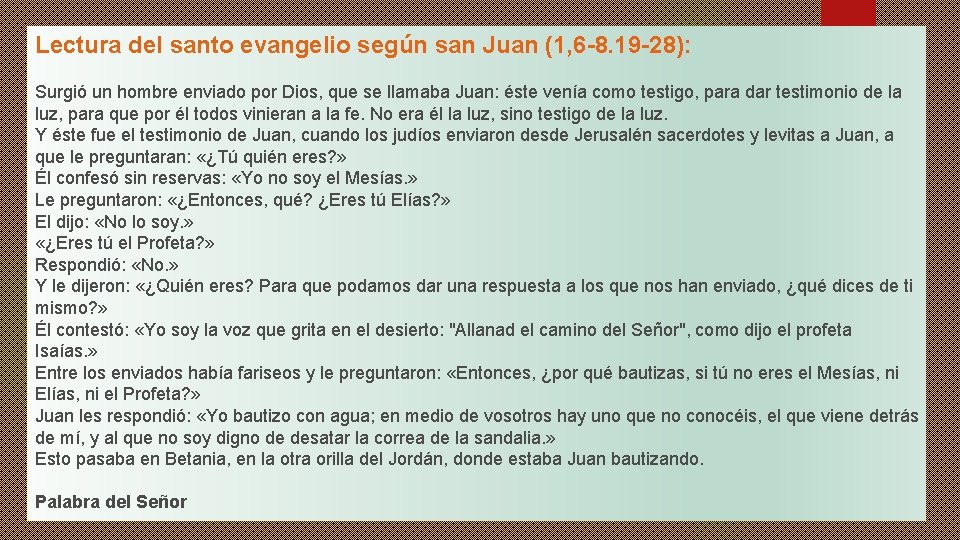 Lectura del santo evangelio según san Juan (1, 6 -8. 19 -28): Surgió un