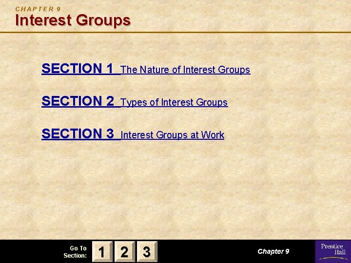CHAPTER 9 Interest Groups SECTION 1 The Nature of Interest Groups SECTION 2 Types