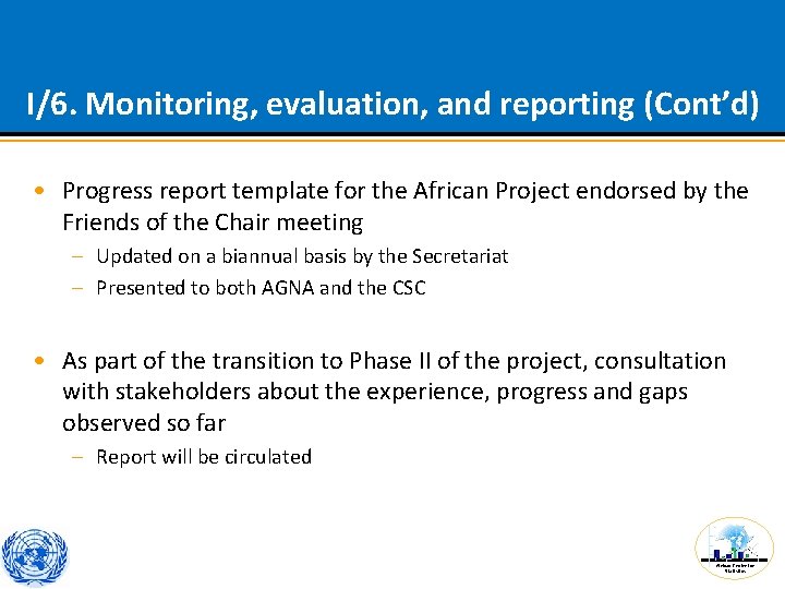 I/6. Monitoring, evaluation, and reporting (Cont’d) • Progress report template for the African Project