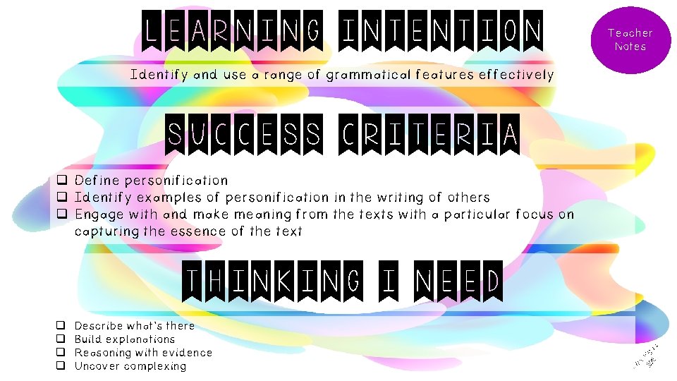learning intention Teacher Notes Identify and use a range of grammatical features effectively success