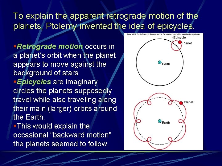 To explain the apparent retrograde motion of the planets, Ptolemy invented the idea of